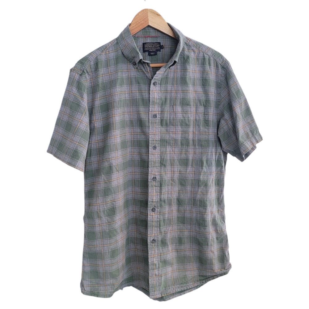 Vintage Pendleton Short Sleeve Plaid Button Shirt Size M Gray Orange Green